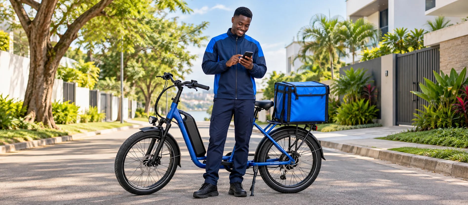 Coursier Djek Drive préparant sa tournée à vélo électrique